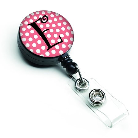 CAROLINES TREASURES Letter E Monogram Pink and Black Polka Dots Retractable Badge Reel CJ1001-EBR